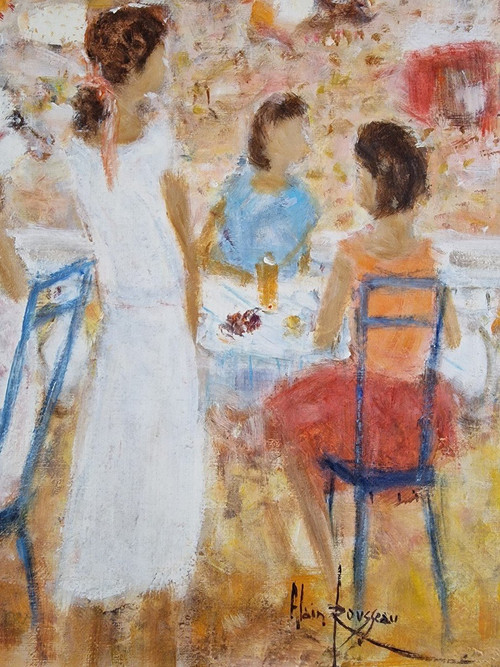 Alain ROUSSEAU (né en 1926) Huile/toile d'origine signée - Mer, Plage, Côte d'Azur, Sud, Bateau