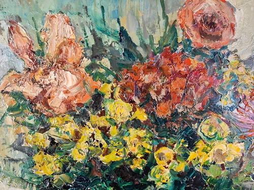 Raymond THIALIER (1913-2005) Original Öl/Leinwand, signiert – Stillleben, Blume, Obst, Vase