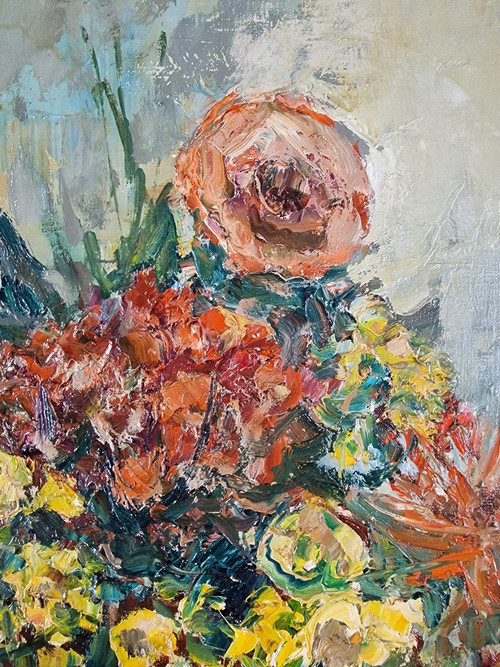 Raymond THIALIER (1913-2005) Original Öl/Leinwand, signiert – Stillleben, Blume, Obst, Vase