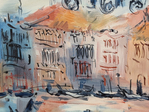 Catherine GARROS (née en 1954) Huile/toile d'origine, signée - Venise, Italie, Mer, Gondole
