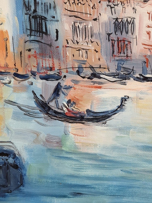 Catherine GARROS (née en 1954) Huile/toile d'origine, signée - Venise, Italie, Mer, Gondole