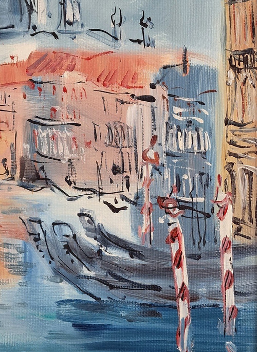 Catherine GARROS (née en 1954) Huile/toile d'origine, signée - Venise, Italie, Mer, Gondole