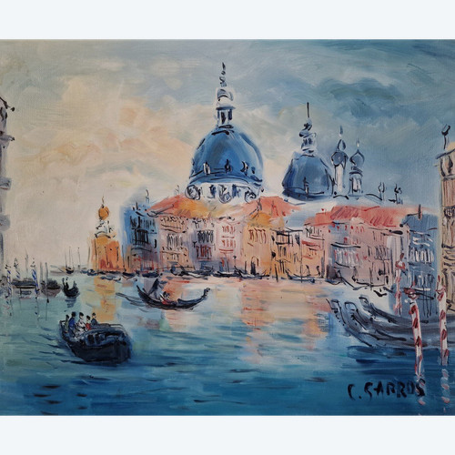Catherine GARROS (née en 1954) Huile/toile d'origine, signée - Venise, Italie, Mer, Gondole