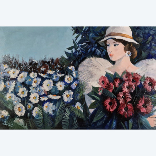 Charles LEVIER (1920-2003) Huile/toile d'origine, signée - Jardin, Fleurs, Femme, Personnage