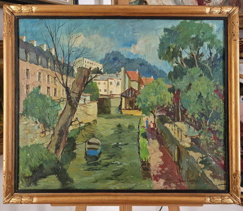 Maurice LEMAITRE (1929-2018) Olio/tela originale, firmato - Paesaggio, Barca, Fiume, Melun
