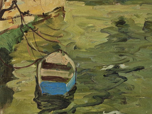 Maurice LEMAITRE (1929-2018) Olio/tela originale, firmato - Paesaggio, Barca, Fiume, Melun