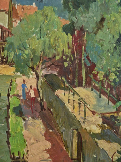 Maurice LEMAITRE (1929-2018) Olio/tela originale, firmato - Paesaggio, Barca, Fiume, Melun