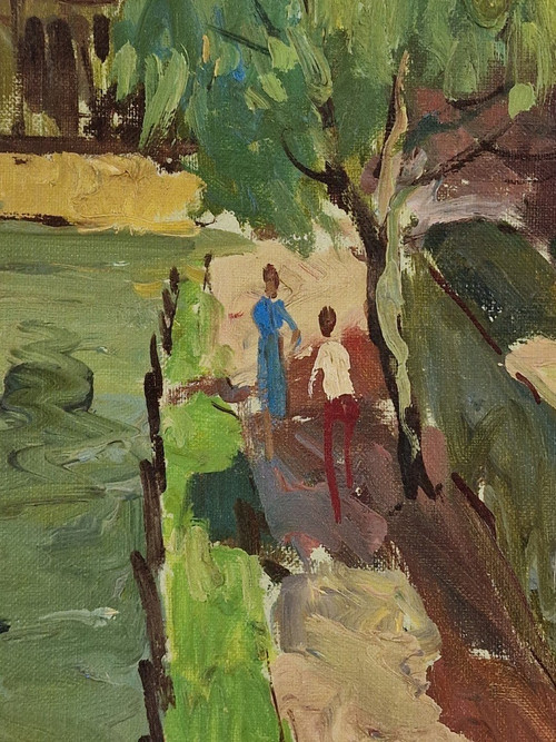 Maurice LEMAITRE (1929-2018) Olio/tela originale, firmato - Paesaggio, Barca, Fiume, Melun