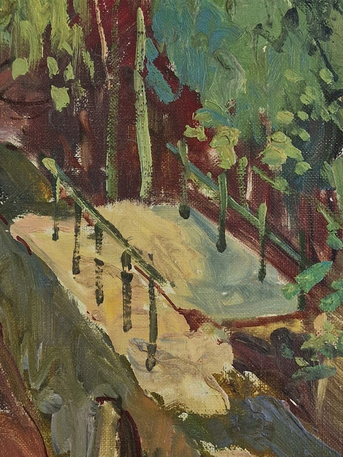 Maurice LEMAITRE (1929-2018) Olio/tela originale, firmato - Paesaggio, Barca, Fiume, Melun
