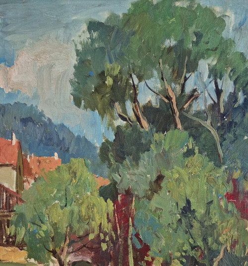 Maurice LEMAITRE (1929-2018) Olio/tela originale, firmato - Paesaggio, Barca, Fiume, Melun