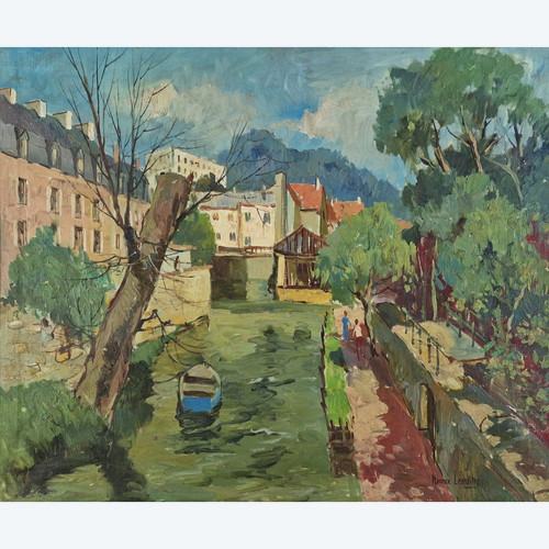 Maurice LEMAITRE (1929-2018) Olio/tela originale, firmato - Paesaggio, Barca, Fiume, Melun