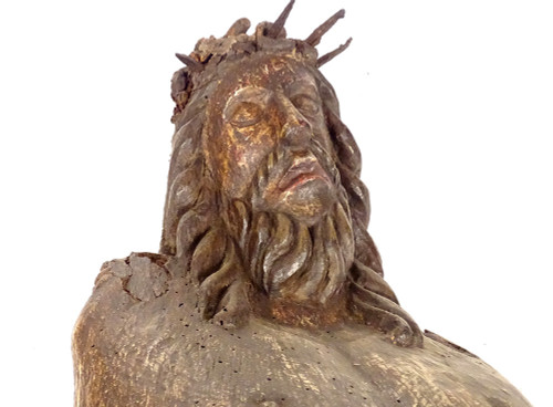 Statue Bust Christ Crown Thorns Wood Carved High Period 14th-15th century
