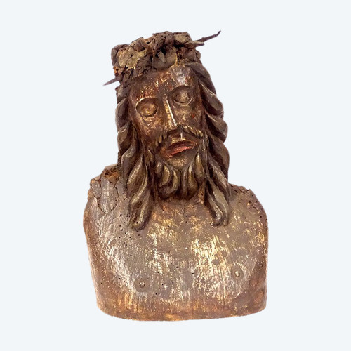 Statue Bust Christ Crown Thorns Wood Carved High Period 14th-15th century
