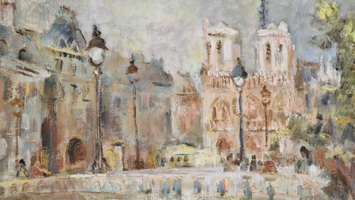 Elisabeth ANSELME (1923-2010) Signed French orig oil/canvas - Paris, Notre-Dame, Saint-Michel,Bridge