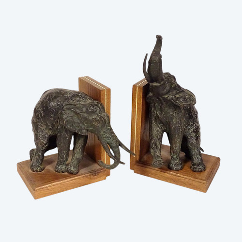 Pair of bookends Elephant sculptures Ary Bitter Bronze Art Deco 20th century