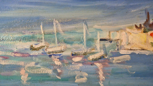 Marie SION (née en 1956) Huile/toile d'origine, signée - Mer, Saint tropez, Plage, Voilier, Sud