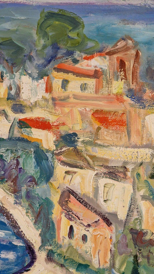 Marie SION (née en 1956) Huile/toile d'origine, signée - Mer, Saint tropez, Plage, Voilier, Sud