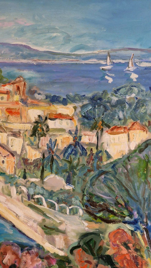 Marie SION (née en 1956) Huile/toile d'origine, signée - Mer, Saint tropez, Plage, Voilier, Sud