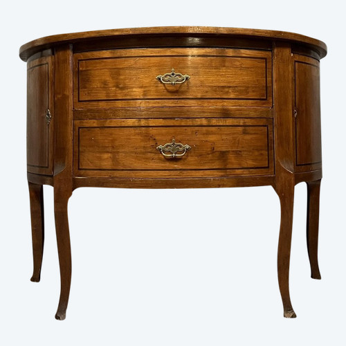 Halbmondkommode im Übergangsstil Louis XV / Louis XVI aus Mahagoni mit Intarsien aus Ebenholzfilets