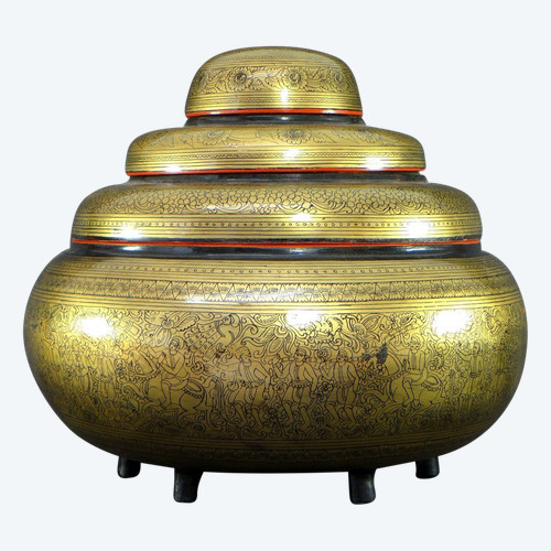 Burma, Mid-20th Century, Four-Level Gold-Red-Black Lacquer Offering Box.