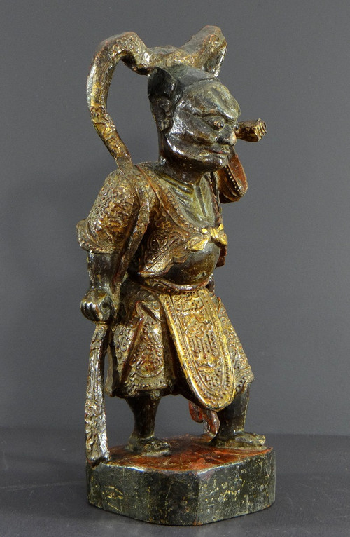 China, Early 20th Century or Earlier, Lacquered Wood Temple Guardian Statue.