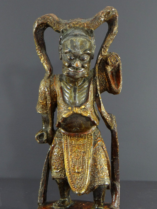 China, Early 20th Century or Earlier, Lacquered Wood Temple Guardian Statue.