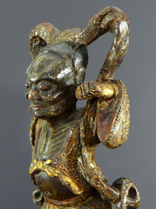 China, Early 20th Century or Earlier, Lacquered Wood Temple Guardian Statue.