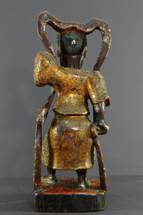 China, Early 20th Century or Earlier, Lacquered Wood Temple Guardian Statue.