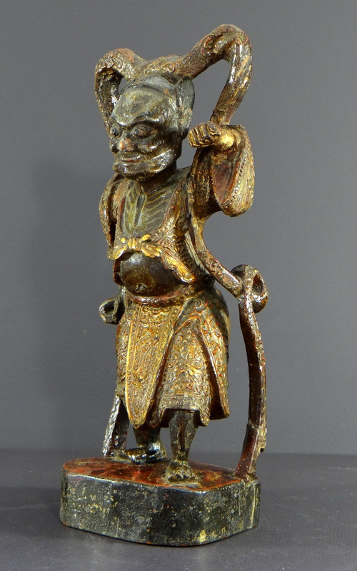 China, Early 20th Century or Earlier, Lacquered Wood Temple Guardian Statue.