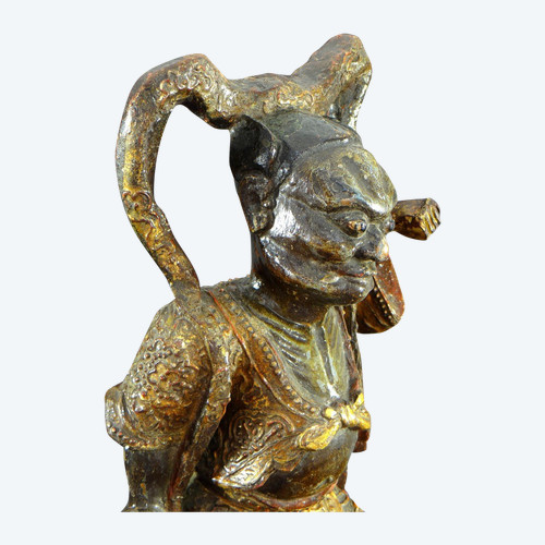 China, Early 20th Century or Earlier, Lacquered Wood Temple Guardian Statue.