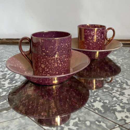 Sarreguemines, circa 1830 - pair of Burgos litron cups - porphyry-style earthenware