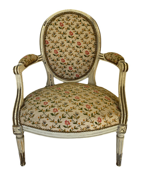 Pair of Louis XVI Period Armchairs in Cream Lacquered Natural Wood