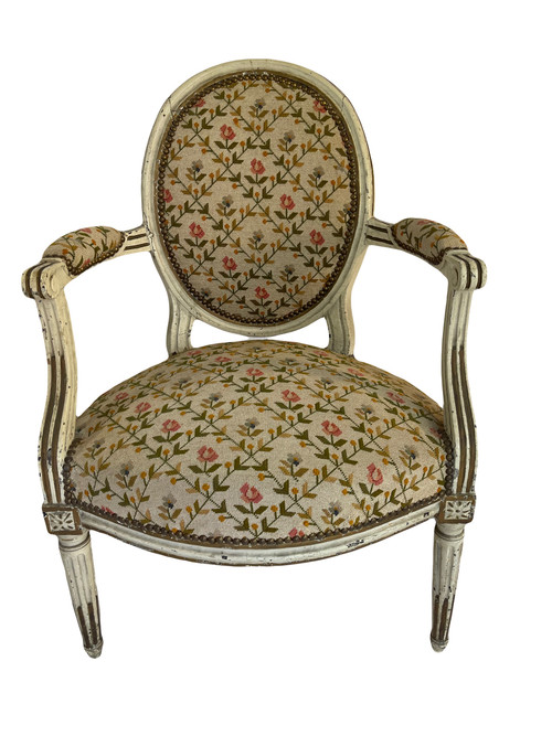 Pair of Louis XVI Period Armchairs in Cream Lacquered Natural Wood