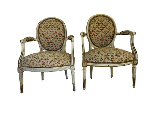 Pair of Louis XVI Period Armchairs in Cream Lacquered Natural Wood