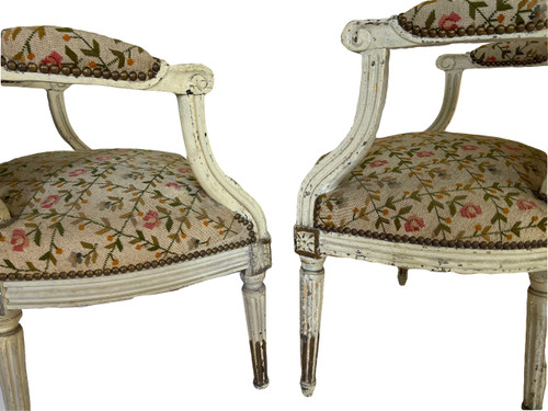 Pair of Louis XVI Period Armchairs in Cream Lacquered Natural Wood