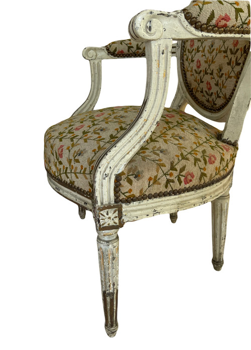 Pair of Louis XVI Period Armchairs in Cream Lacquered Natural Wood