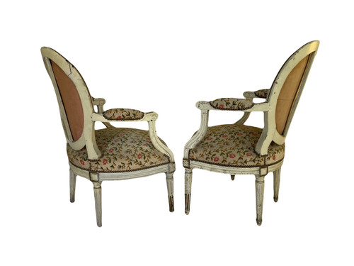 Pair of Louis XVI Period Armchairs in Cream Lacquered Natural Wood