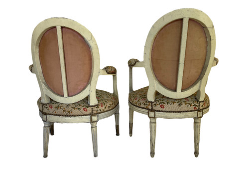 Pair of Louis XVI Period Armchairs in Cream Lacquered Natural Wood