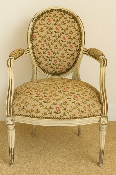 Pair of Louis XVI Period Armchairs in Cream Lacquered Natural Wood