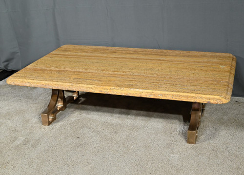 Table Basse en Laiton et Travertin, époque Art Déco – 1930