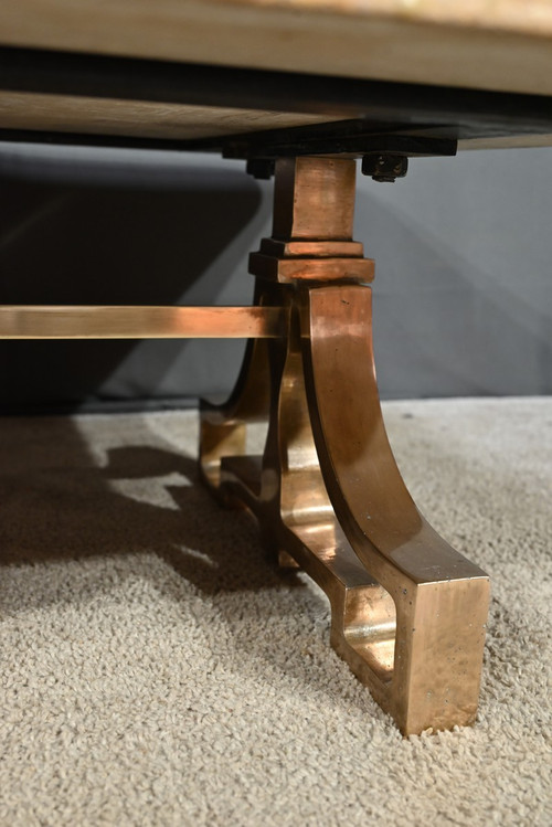 Table Basse en Laiton et Travertin, époque Art Déco – 1930