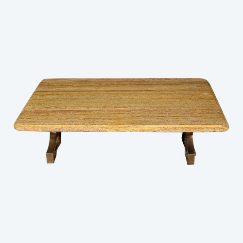 Table Basse en Laiton et Travertin, époque Art Déco – 1930