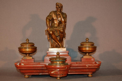 Important Inkwell, After Michelangelo Lorenzo De' Medici, In Bronze And Red Marble