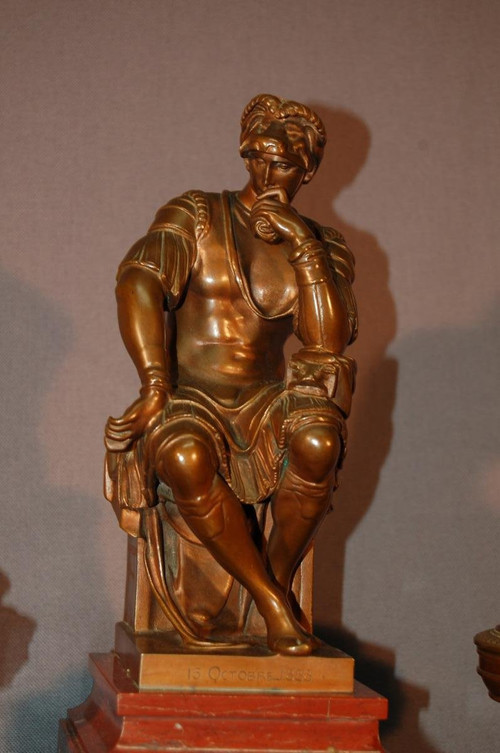 Important Inkwell, After Michelangelo Lorenzo De' Medici, In Bronze And Red Marble