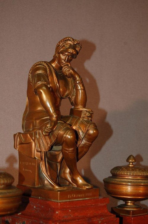 Important Inkwell, After Michelangelo Lorenzo De' Medici, In Bronze And Red Marble