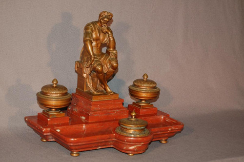 Important Inkwell, After Michelangelo Lorenzo De' Medici, In Bronze And Red Marble