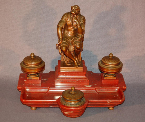 Important Inkwell, After Michelangelo Lorenzo De' Medici, In Bronze And Red Marble