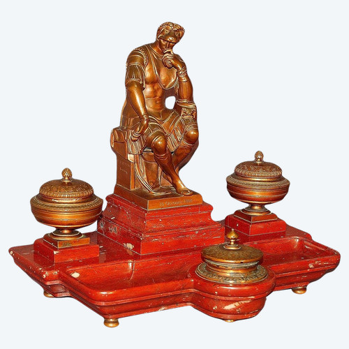 Important Inkwell, After Michelangelo Lorenzo De' Medici, In Bronze And Red Marble