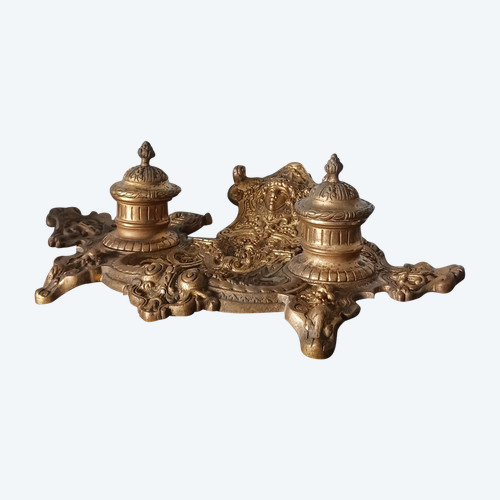 France, époque Napoléon III - encrier en métal doré - style Louis XIV Régence