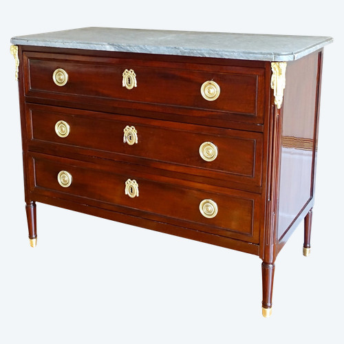 Commode Louis XVI Directoire acajou moucheté, marbre Turquin - époque XVIIIe siècle 113cm x 89,5cm